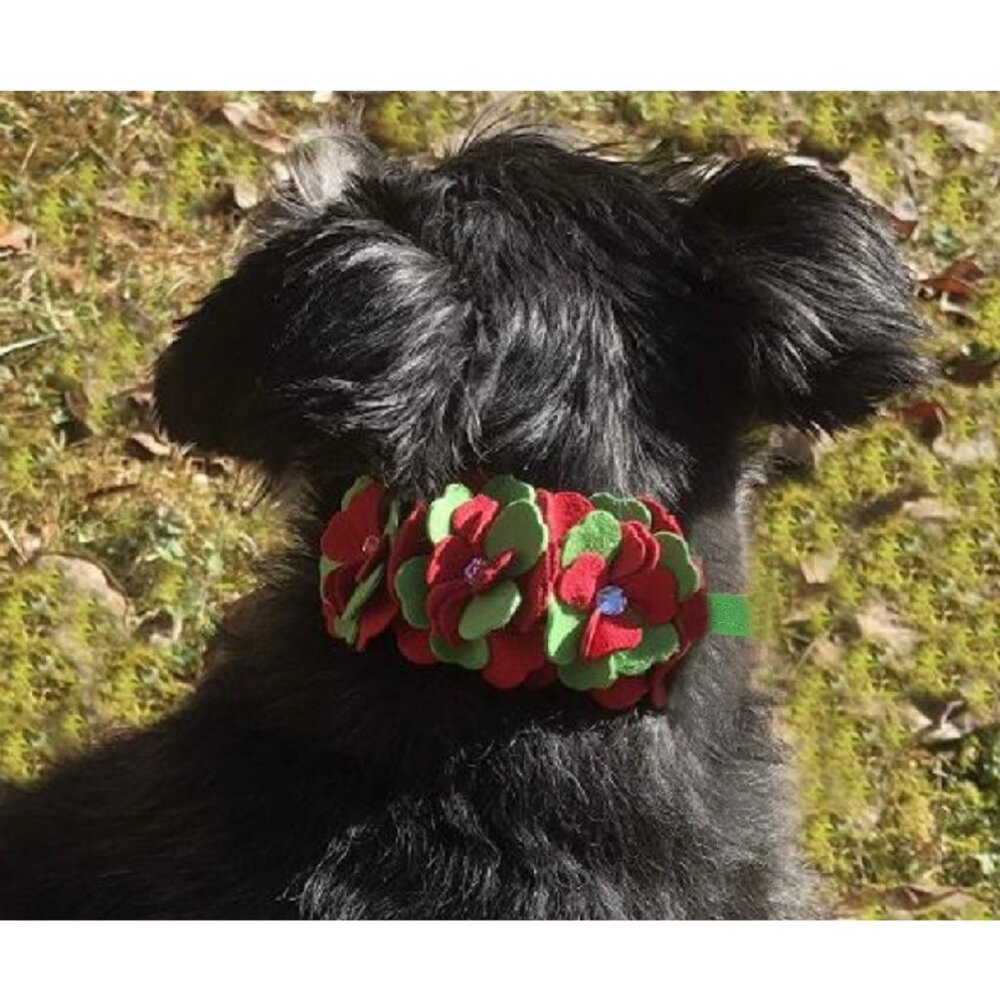 Size XS - Red & Green Fantasy Flowers 1/2" Dog Christmas Collar w Crystals